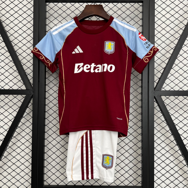 2025-26 Aston Villa FC Home Kids Soccer Kits Shirt With Shorts